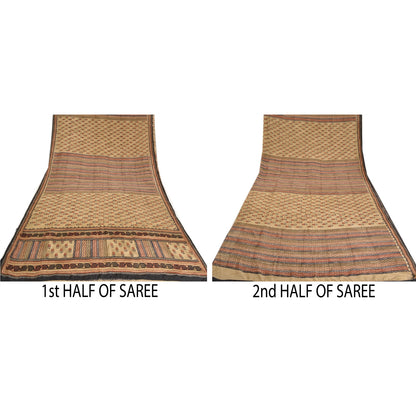 Санскритские винтажные сари из бледно-кремового чистого крепированного шелка с принтом для сари из экологически чистой ткани