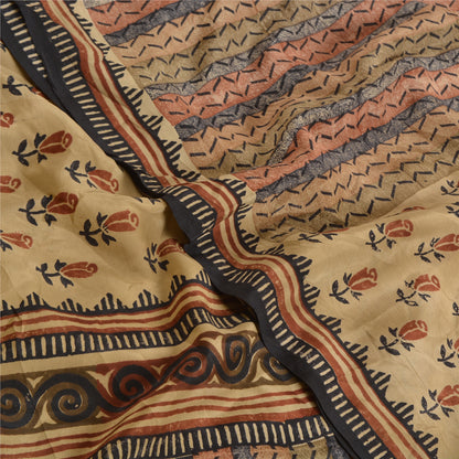 Санскритские винтажные сари из бледно-кремового чистого крепированного шелка с принтом для сари из экологически чистой ткани