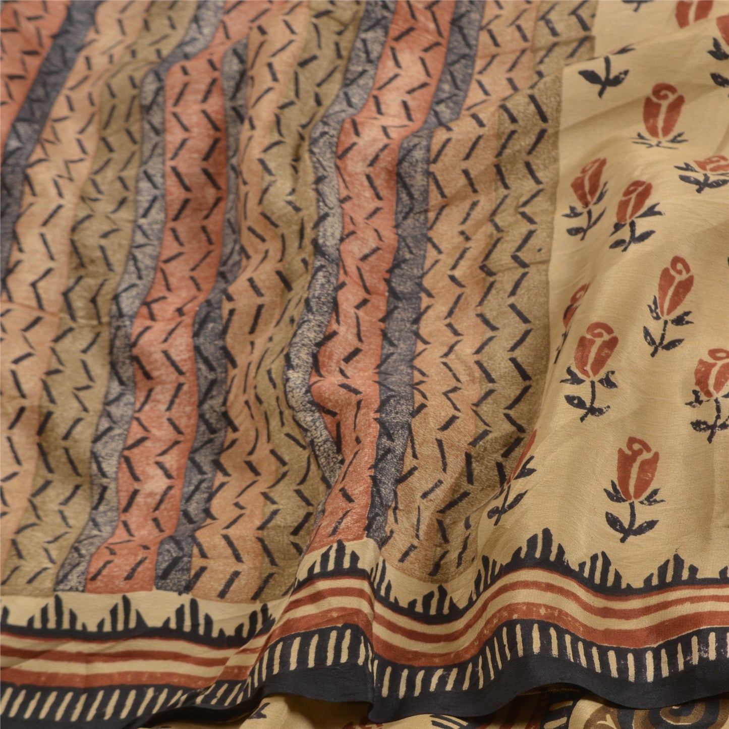 Санскритские винтажные сари из бледно-кремового чистого крепированного шелка с принтом для сари из экологически чистой ткани