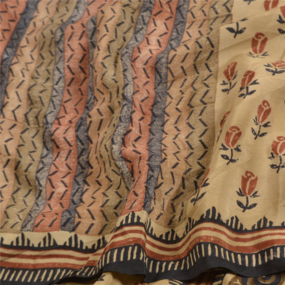 Санскритские винтажные сари из бледно-кремового чистого крепированного шелка с принтом для сари из экологически чистой ткани