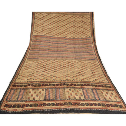 Санскритские винтажные сари из бледно-кремового чистого крепированного шелка с принтом для сари из экологически чистой ткани