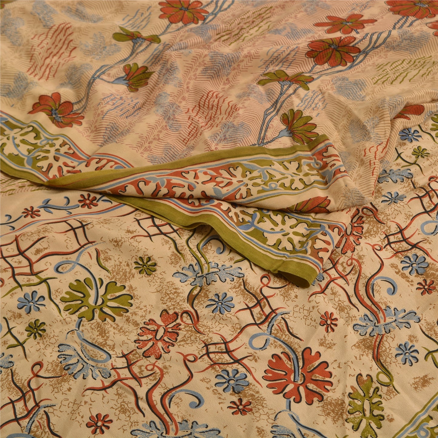 Sanskriti Vintage Sarees Shades Of Peach Pure Crepe Silk Print Sari Craft Sustainable Fabric