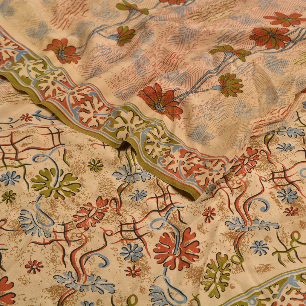 Sanskriti Vintage Sarees Shades Of Peach Pure Crepe Silk Print Sari Craft Sustainable Fabric