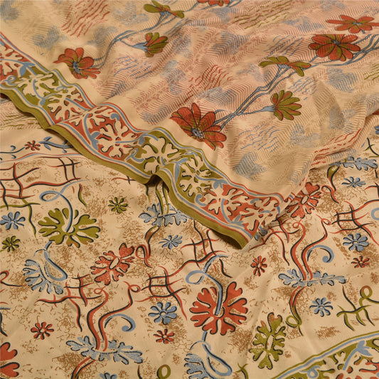 Санскритские винтажные сари персикового оттенка из чистого крепированного шелка с принтом из экологически чистой ткани для сари