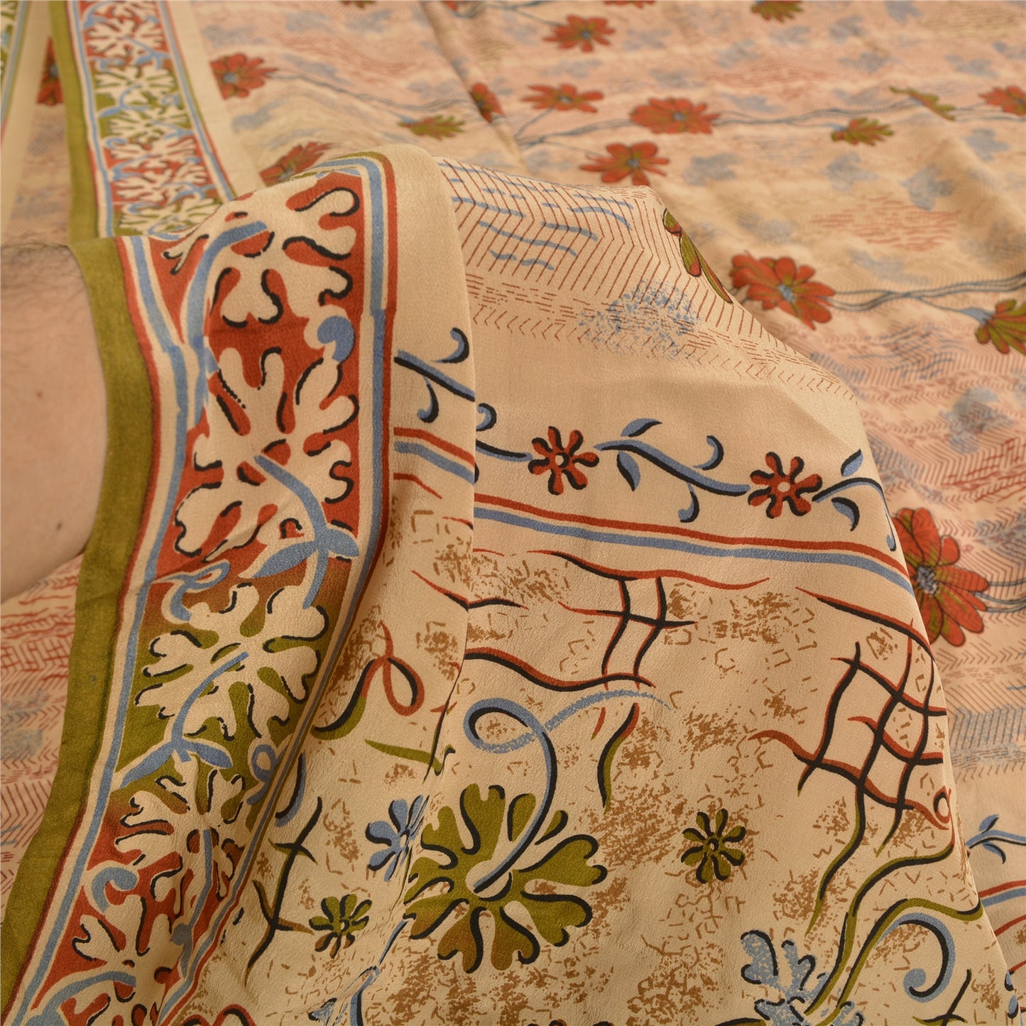 Sanskriti Vintage Sarees Shades Of Peach Pure Crepe Silk Print Sari Craft Sustainable Fabric