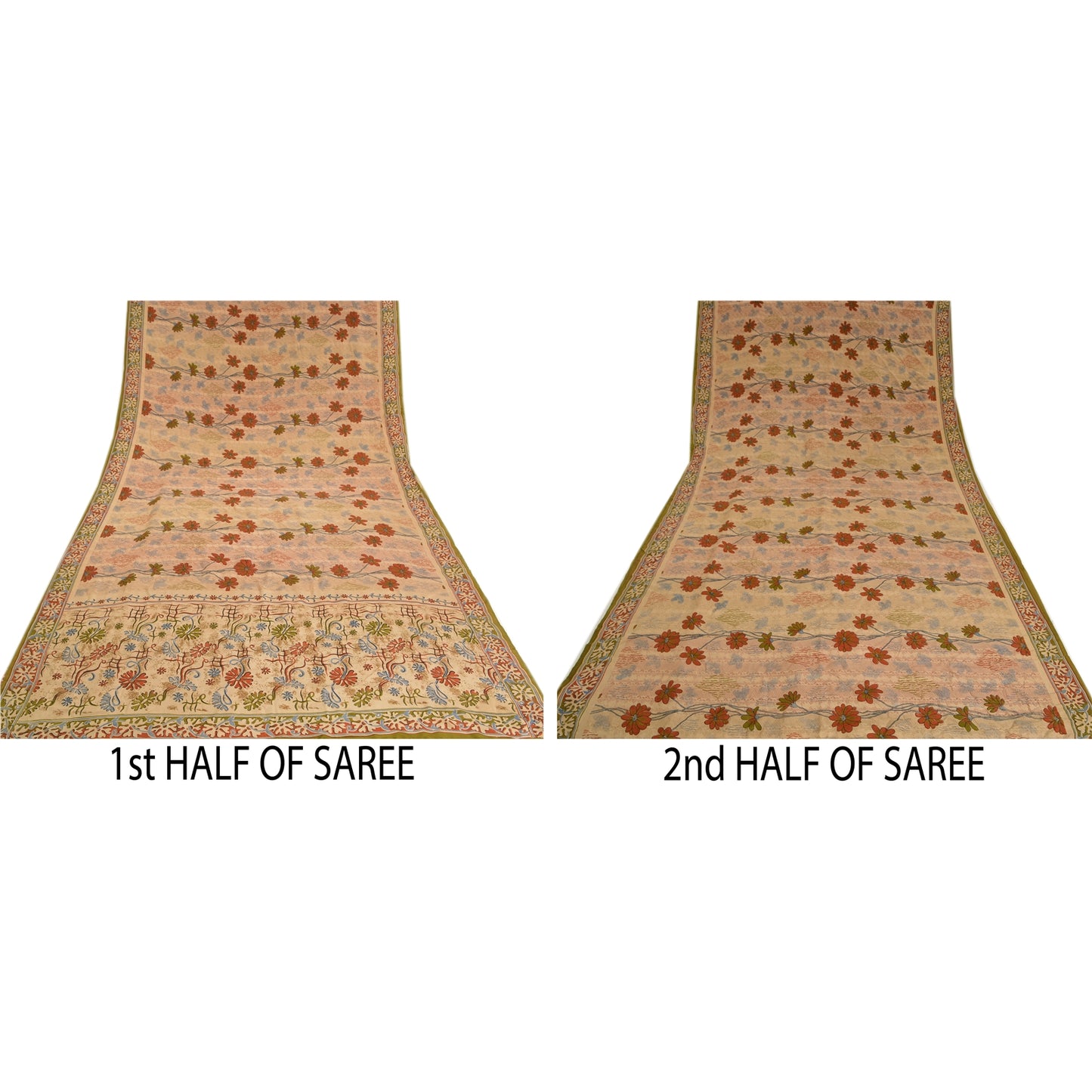 Sanskriti Vintage Sarees Shades Of Peach Pure Crepe Silk Print Sari Craft Sustainable Fabric