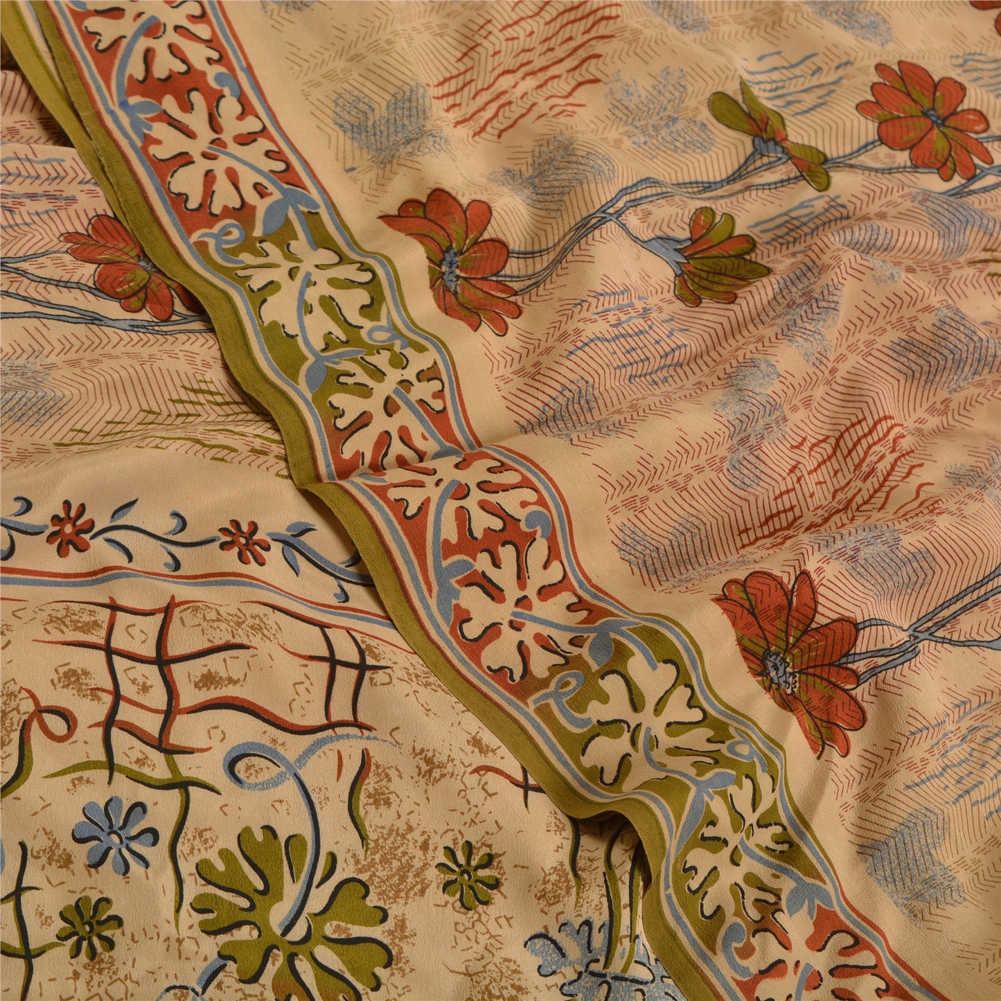 Sanskriti Vintage Sarees Shades Of Peach Pure Crepe Silk Print Sari Craft Sustainable Fabric