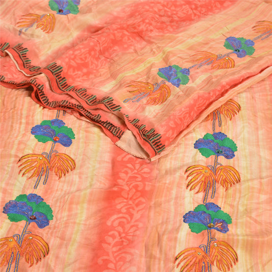 Sanskriti Vintage Sarees Peach Hand Bead Print Pure Crepe Silk Sari Craft Sustainable Fabric