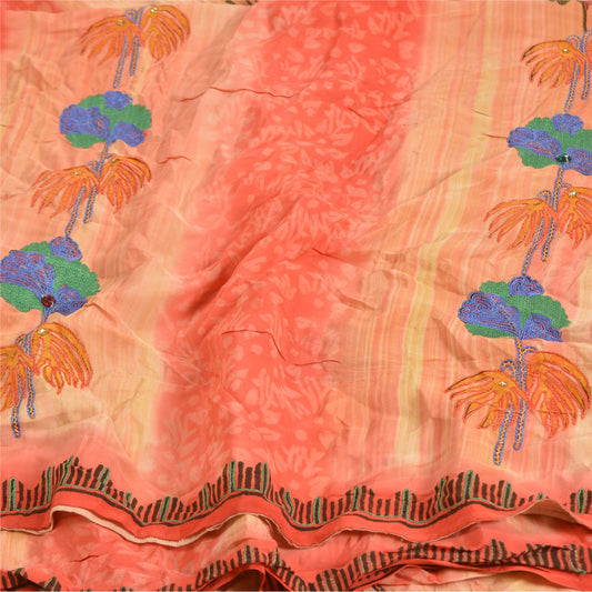 Sanskriti Vintage Sarees Peach Hand Bead Print Pure Crepe Silk Sari Craft Sustainable Fabric