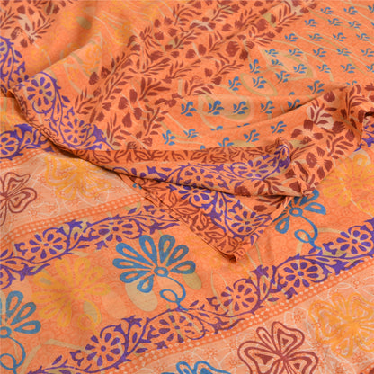 Sanskriti Vintage Sarees Indian Peach Printed Pure Crepe Silk Sari Craft Sustainable Fabric