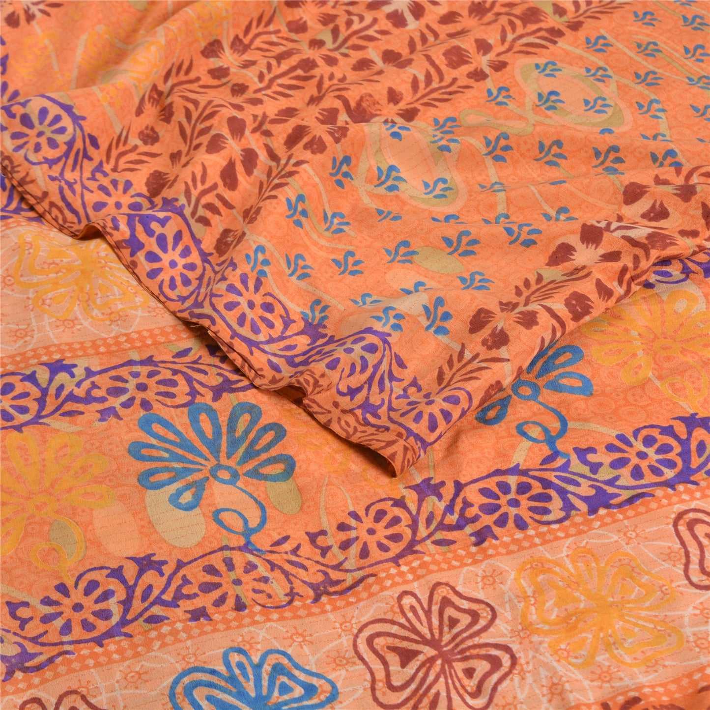 Sanskriti Vintage Sarees Indian Peach Printed Pure Crepe Silk Sari Craft Sustainable Fabric