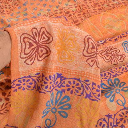 Sanskriti Vintage Sarees Indian Peach Printed Pure Crepe Silk Sari Craft Sustainable Fabric