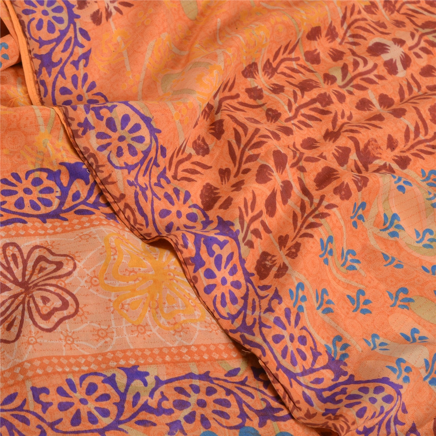 Sanskriti Vintage Sarees Indian Peach Printed Pure Crepe Silk Sari Craft Sustainable Fabric