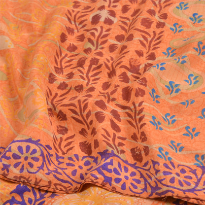 Sanskriti Vintage Sarees Indian Peach Printed Pure Crepe Silk Sari Craft Sustainable Fabric