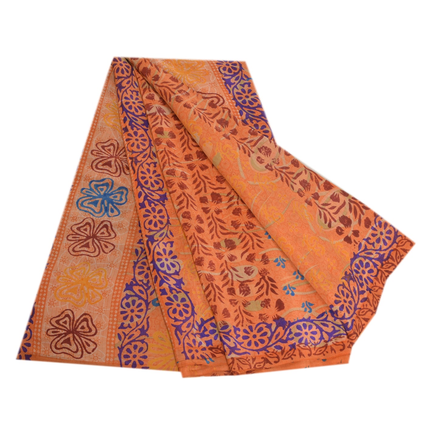 Sanskriti Vintage Sarees Indian Peach Printed Pure Crepe Silk Sari Craft Sustainable Fabric