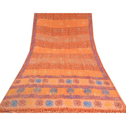 Sanskriti Vintage Sarees Indian Peach Printed Pure Crepe Silk Sari Craft Sustainable Fabric