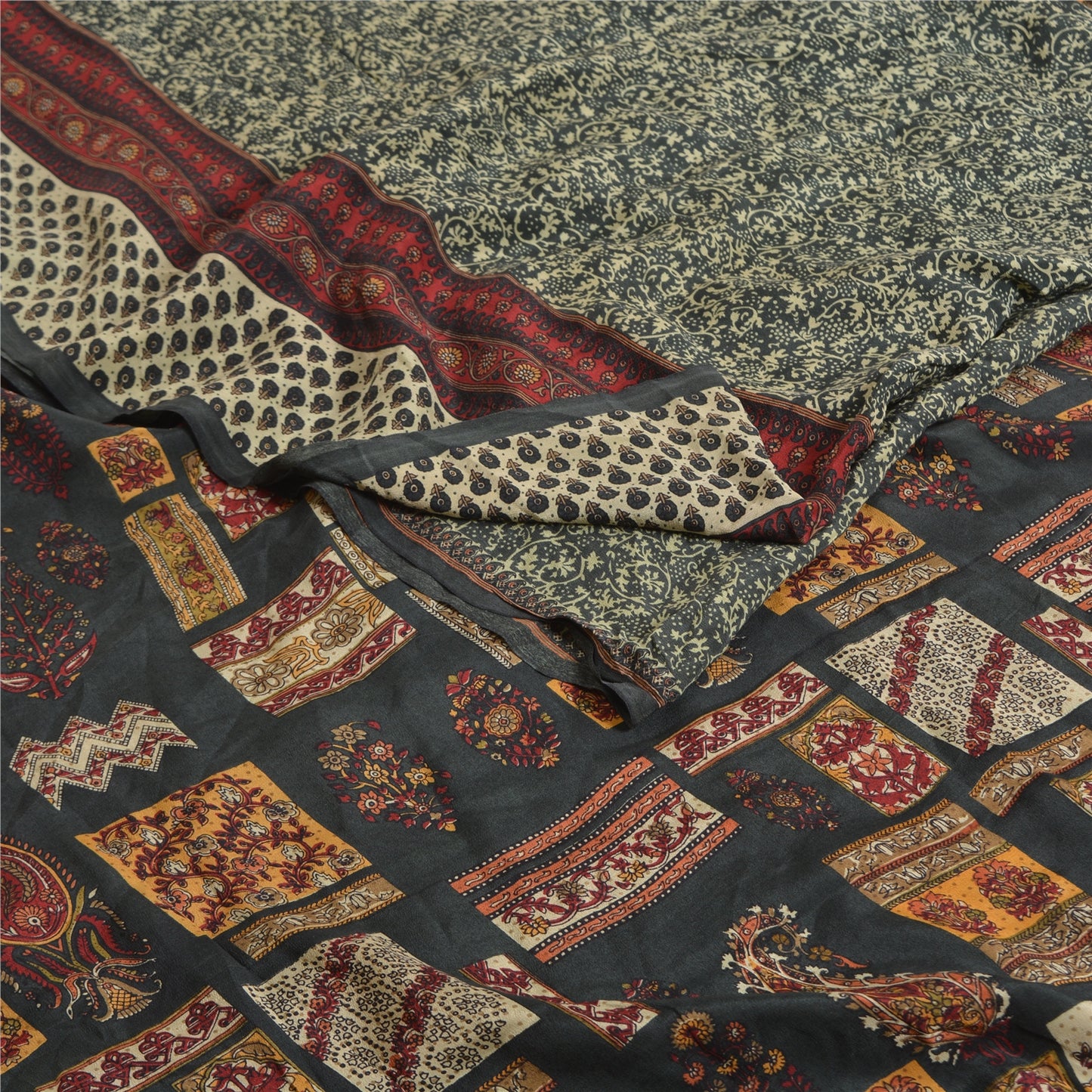 Sanskriti Vintage Sarees Green Indian Printed Pure Crepe Silk Sari Craft Sustainable Fabric