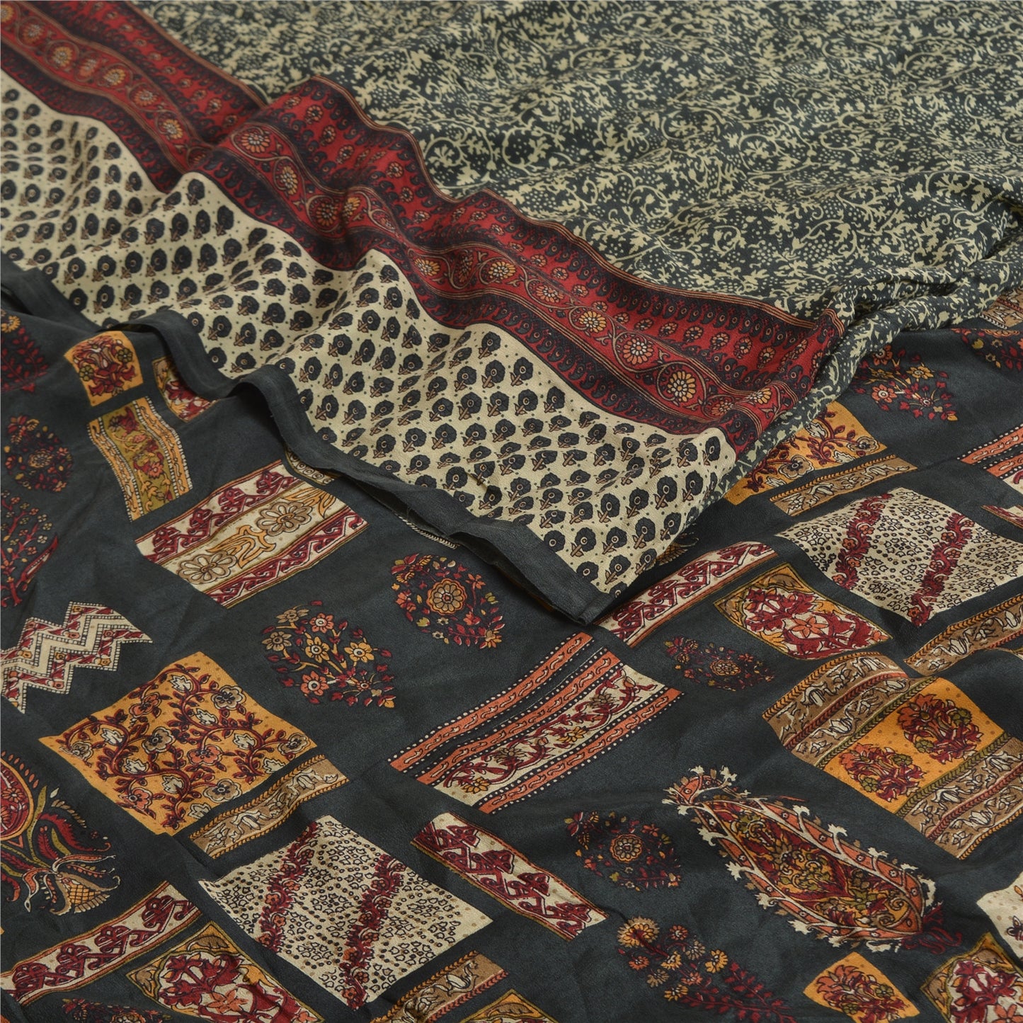 Sanskriti Vintage Sarees Green Indian Printed Pure Crepe Silk Sari Craft Sustainable Fabric