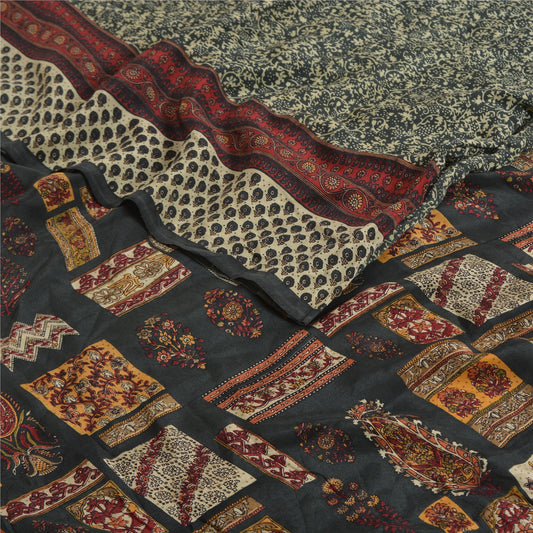 Sanskriti Vintage Sarees Green Indian Printed Pure Crepe Silk Sari Craft Sustainable Fabric