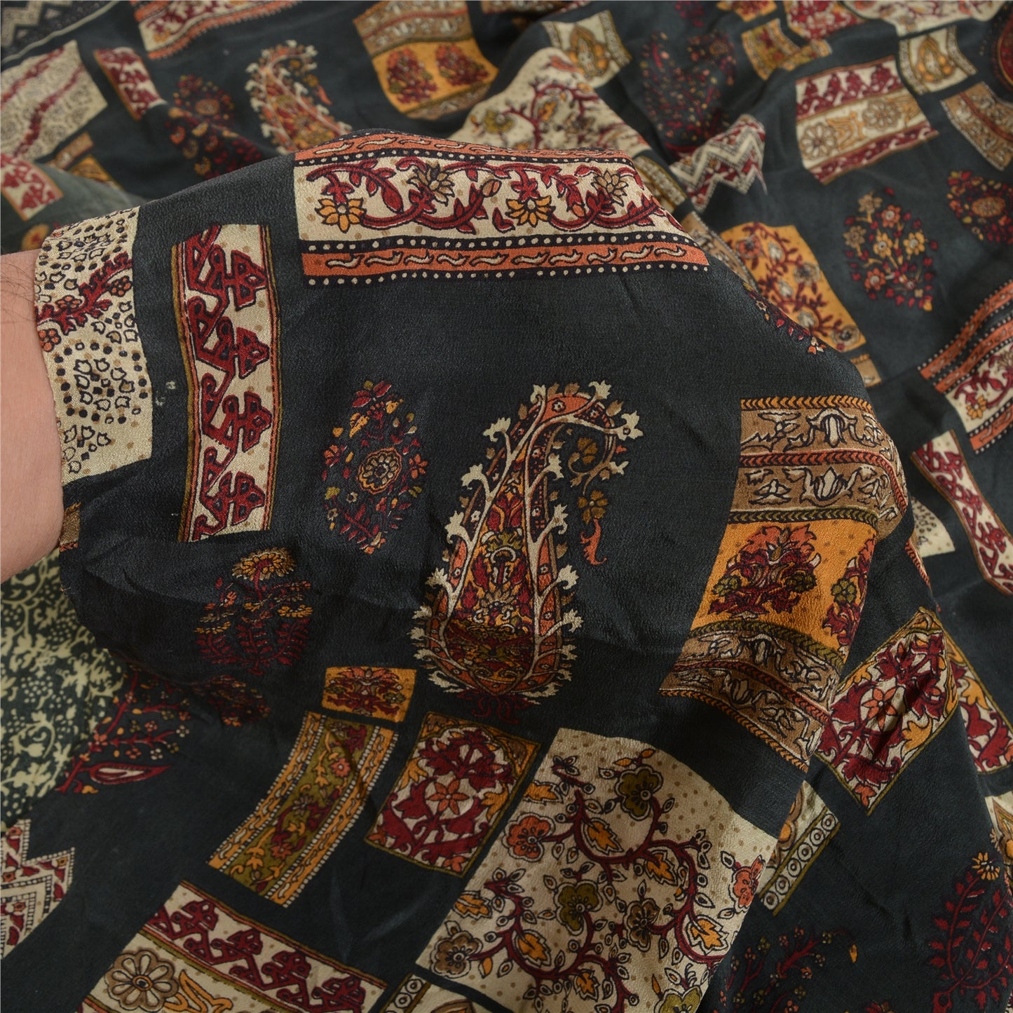 Sanskriti Vintage Sarees Green Indian Printed Pure Crepe Silk Sari Craft Sustainable Fabric