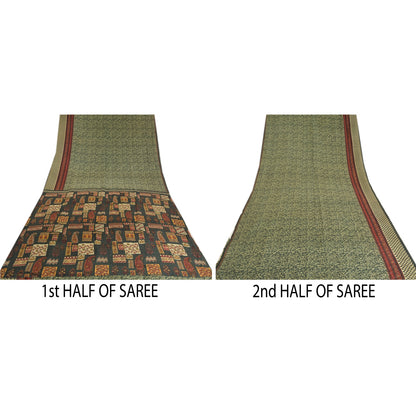 Sanskriti Vintage Sarees Green Indian Printed Pure Crepe Silk Sari Craft Sustainable Fabric