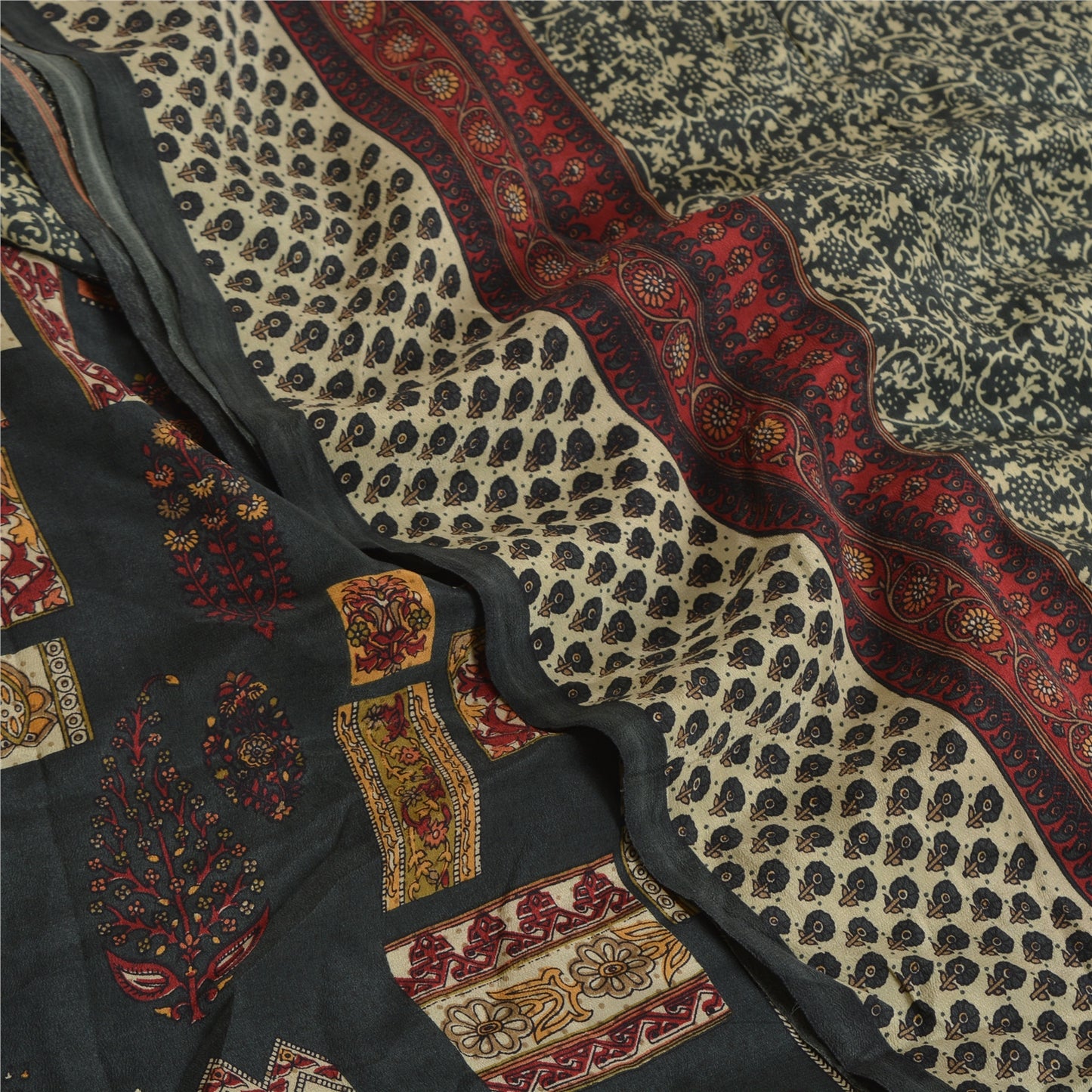 Sanskriti Vintage Sarees Green Indian Printed Pure Crepe Silk Sari Craft Sustainable Fabric