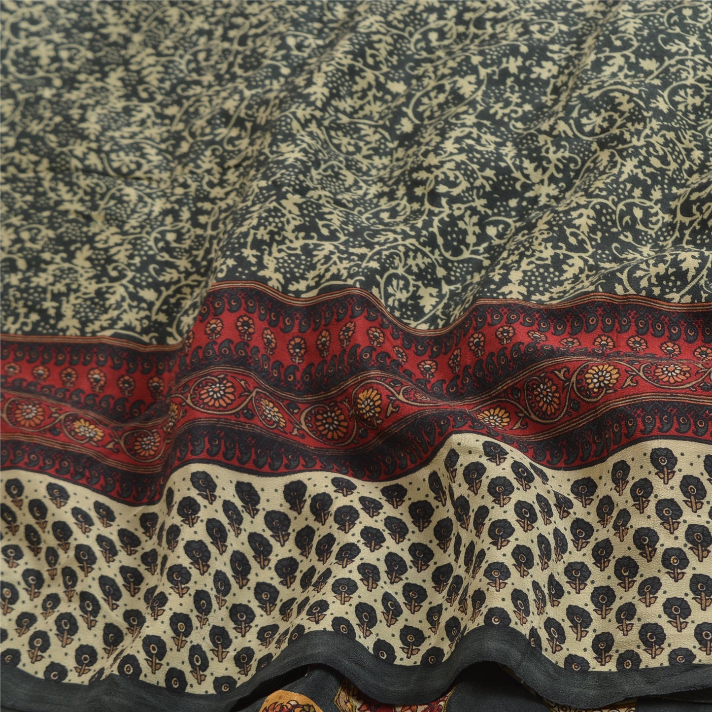 Sanskriti Vintage Sarees Green Indian Printed Pure Crepe Silk Sari Craft Sustainable Fabric