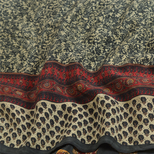 Sanskriti Vintage Sarees Green Indian Printed Pure Crepe Silk Sari Craft Sustainable Fabric