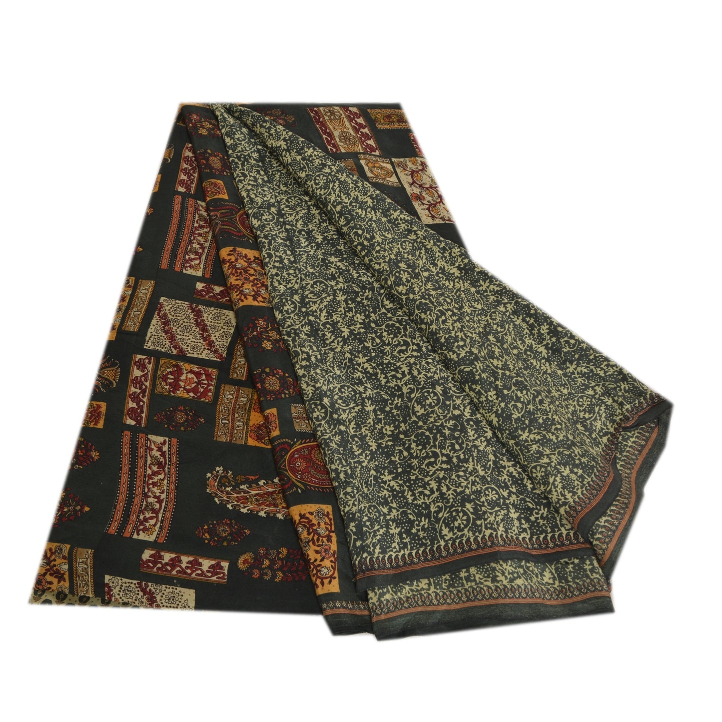 Sanskriti Vintage Sarees Green Indian Printed Pure Crepe Silk Sari Craft Sustainable Fabric