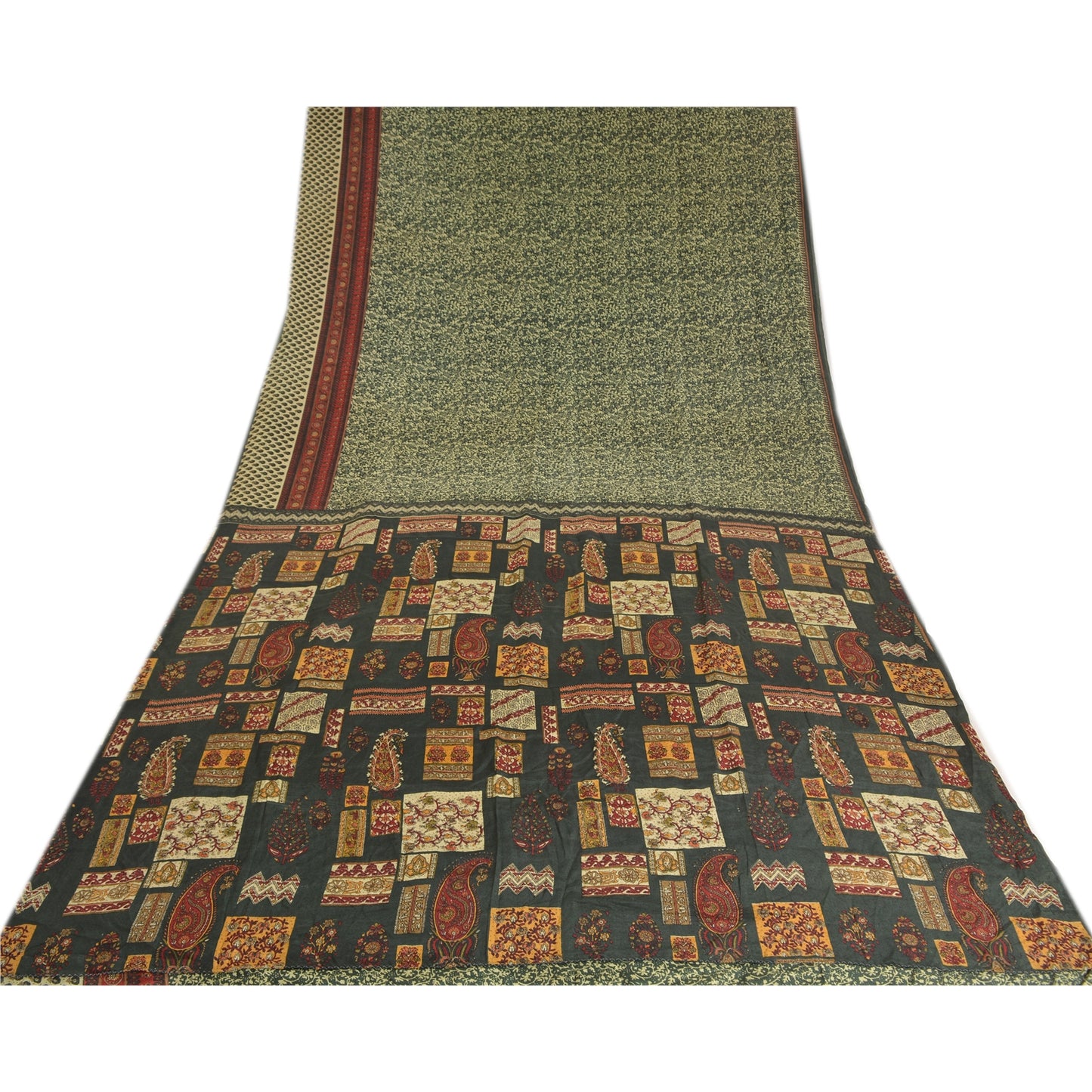 Sanskriti Vintage Sarees Green Indian Printed Pure Crepe Silk Sari Craft Sustainable Fabric