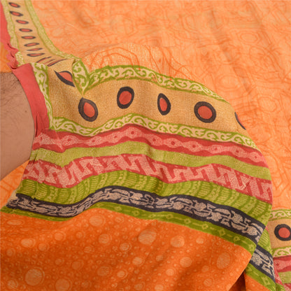 Sanskriti Vintage Sarees Indian Orange Pure Crepe Silk Printed Sari Craft Sustainable Fabric