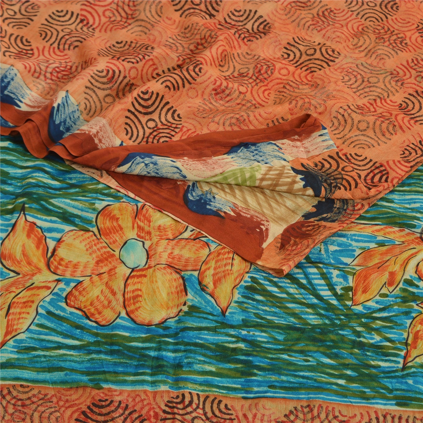 Sanskriti Vintage Sarees Orange Pure Crepe Silk Printed Sari Soft Craft Sustainable Fabric