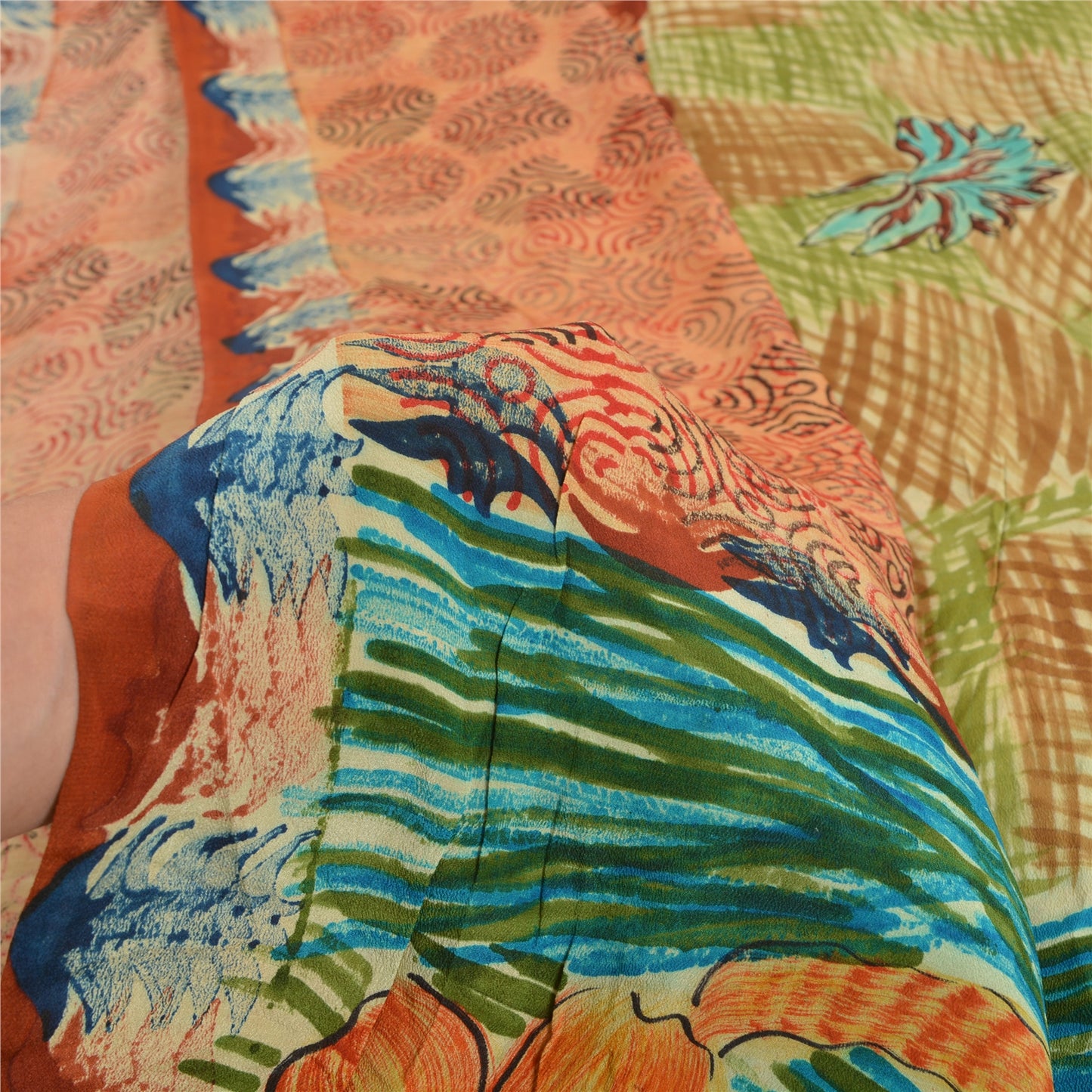 Sanskriti Vintage Sarees Orange Pure Crepe Silk Printed Sari Soft Craft Sustainable Fabric