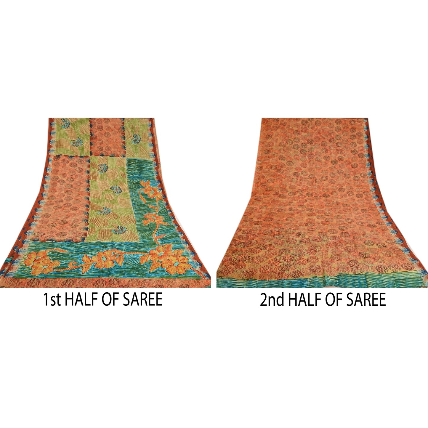 Sanskriti Vintage Sarees Orange Pure Crepe Silk Printed Sari Soft Craft Sustainable Fabric