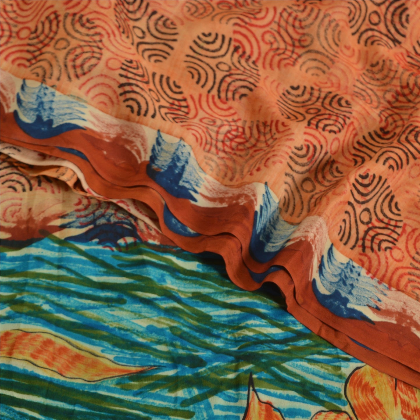 Sanskriti Vintage Sarees Orange Pure Crepe Silk Printed Sari Soft Craft Sustainable Fabric