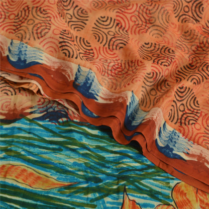 Sanskriti Vintage Sarees Orange Pure Crepe Silk Printed Sari Soft Craft Sustainable Fabric