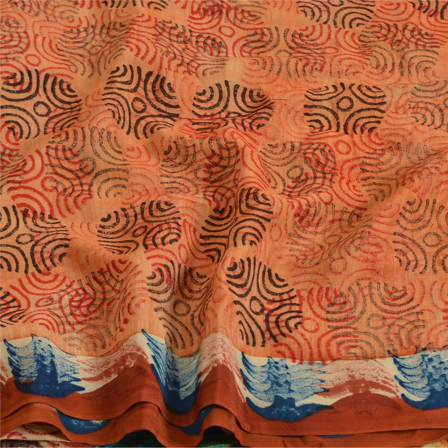 Sanskriti Vintage Sarees Orange Pure Crepe Silk Printed Sari Soft Craft Sustainable Fabric