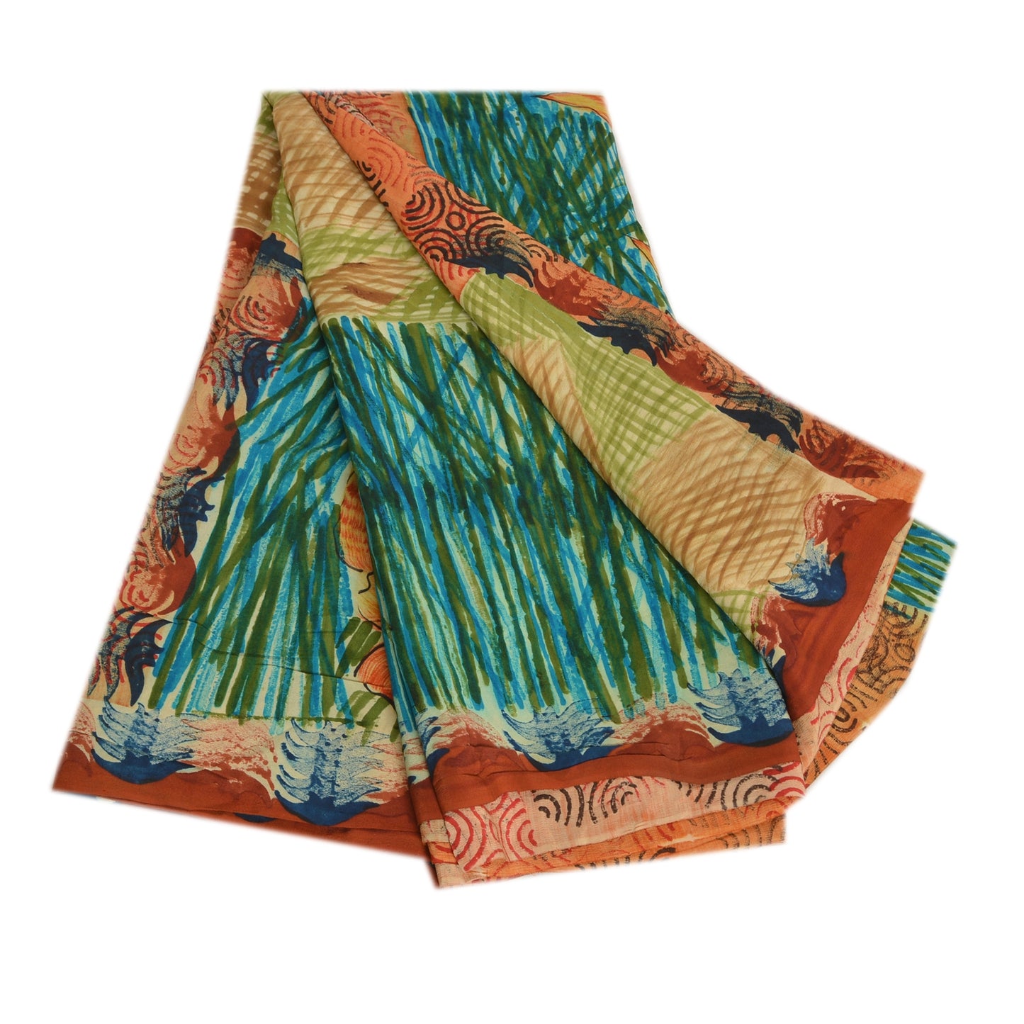 Sanskriti Vintage Sarees Orange Pure Crepe Silk Printed Sari Soft Craft Sustainable Fabric