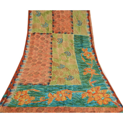 Sanskriti Vintage Sarees Orange Pure Crepe Silk Printed Sari Soft Craft Sustainable Fabric