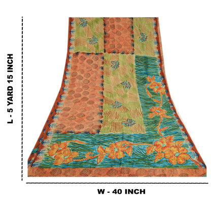 Sanskriti Vintage Sarees Orange Pure Crepe Silk Printed Sari Soft Craft Sustainable Fabric