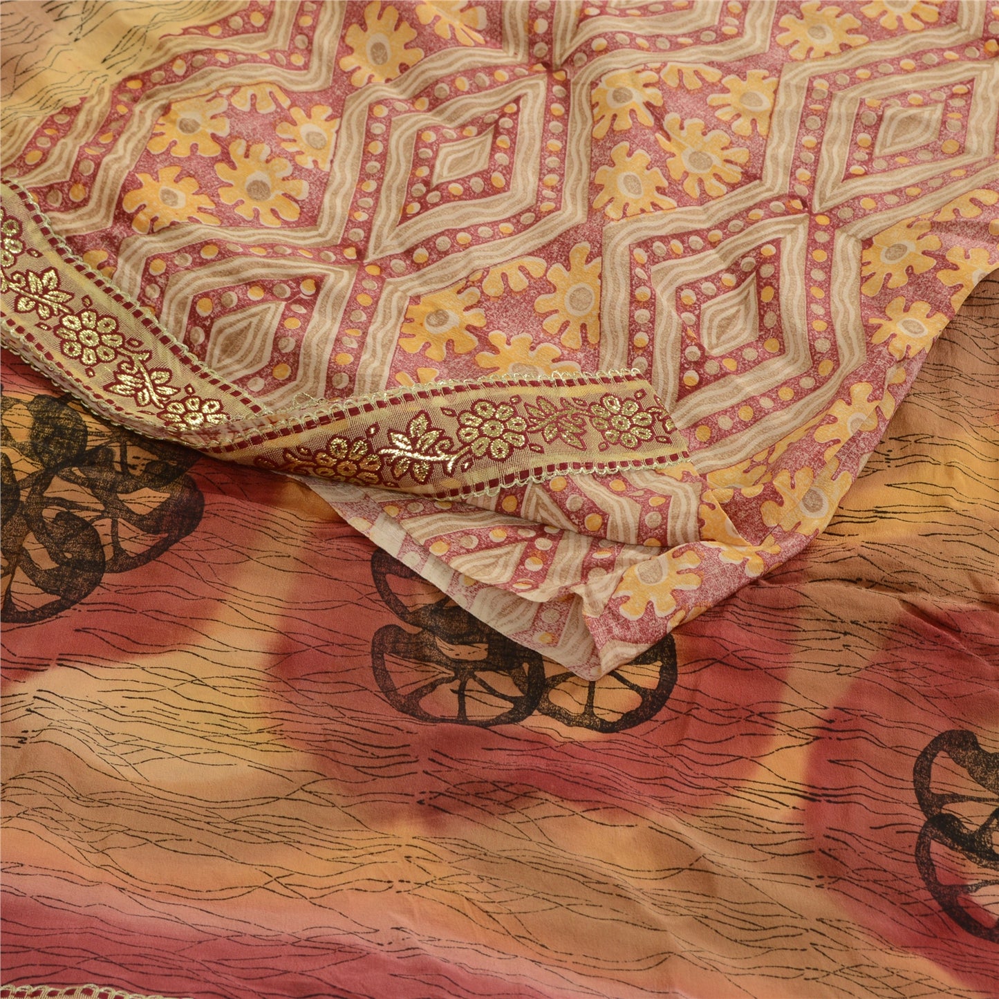 Sanskriti Vintage Sarees Red Indian Pure Crepe Silk Printed Sari Craft Sustainable Fabric