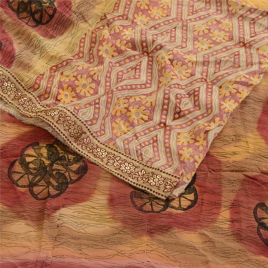 Sanskriti Vintage 100% Pure Crepe Silk Red/Yellow Printed Saree 5 Yd Craft Fabric Pre-Owned Indian Upcycled Recycled Remnant