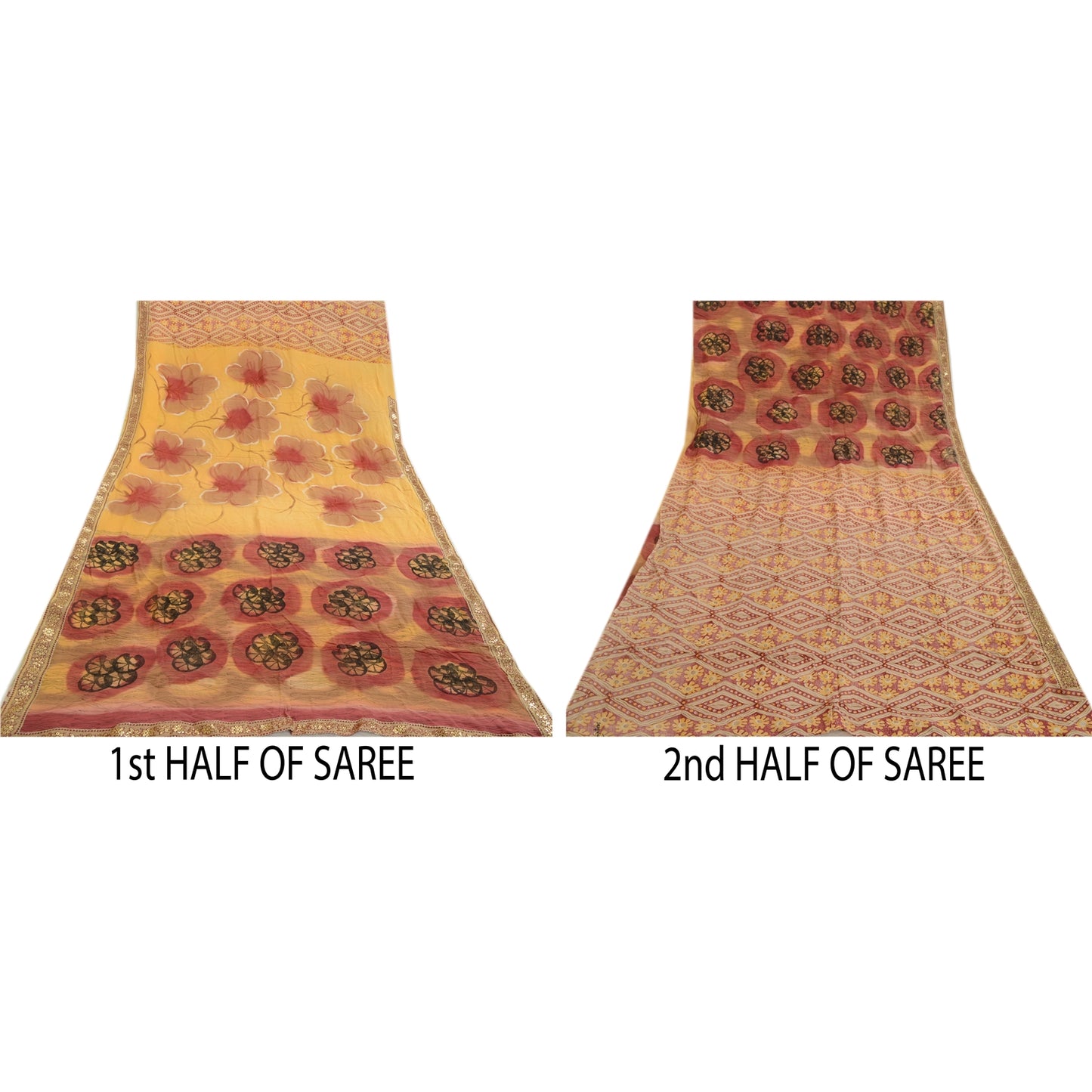 Sanskriti Vintage Sarees Red Indian Pure Crepe Silk Printed Sari Craft Sustainable Fabric