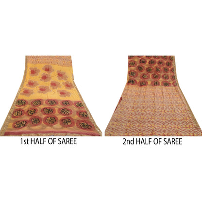 Sanskriti Vintage Sarees Red Indian Pure Crepe Silk Printed Sari Craft Sustainable Fabric