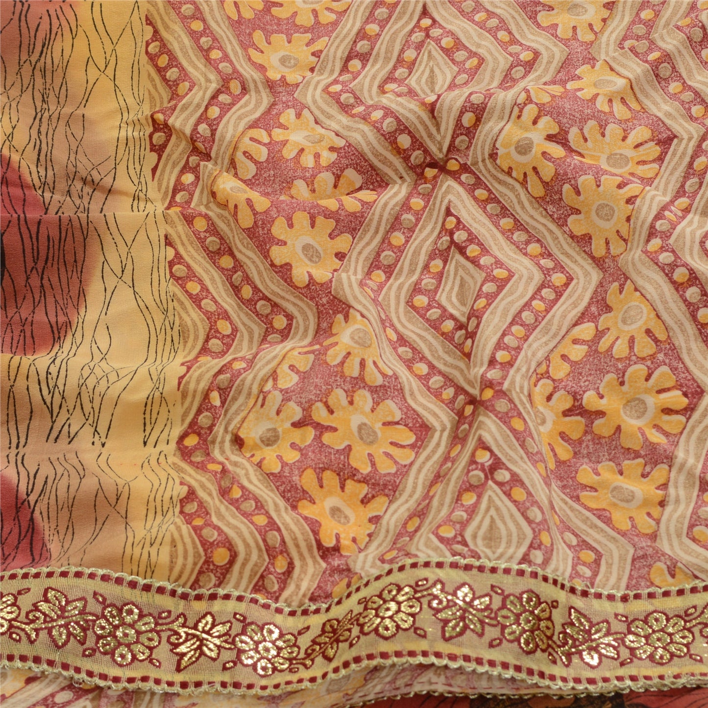 Sanskriti Vintage Sarees Red Indian Pure Crepe Silk Printed Sari Craft Sustainable Fabric