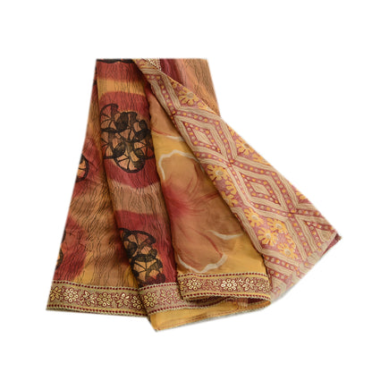 Sanskriti Vintage Sarees Red Indian Pure Crepe Silk Printed Sari Craft Sustainable Fabric