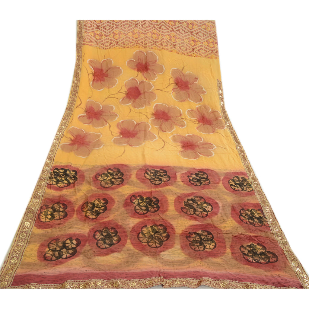 Sanskriti Vintage Sarees Red Indian Pure Crepe Silk Printed Sari Craft Sustainable Fabric