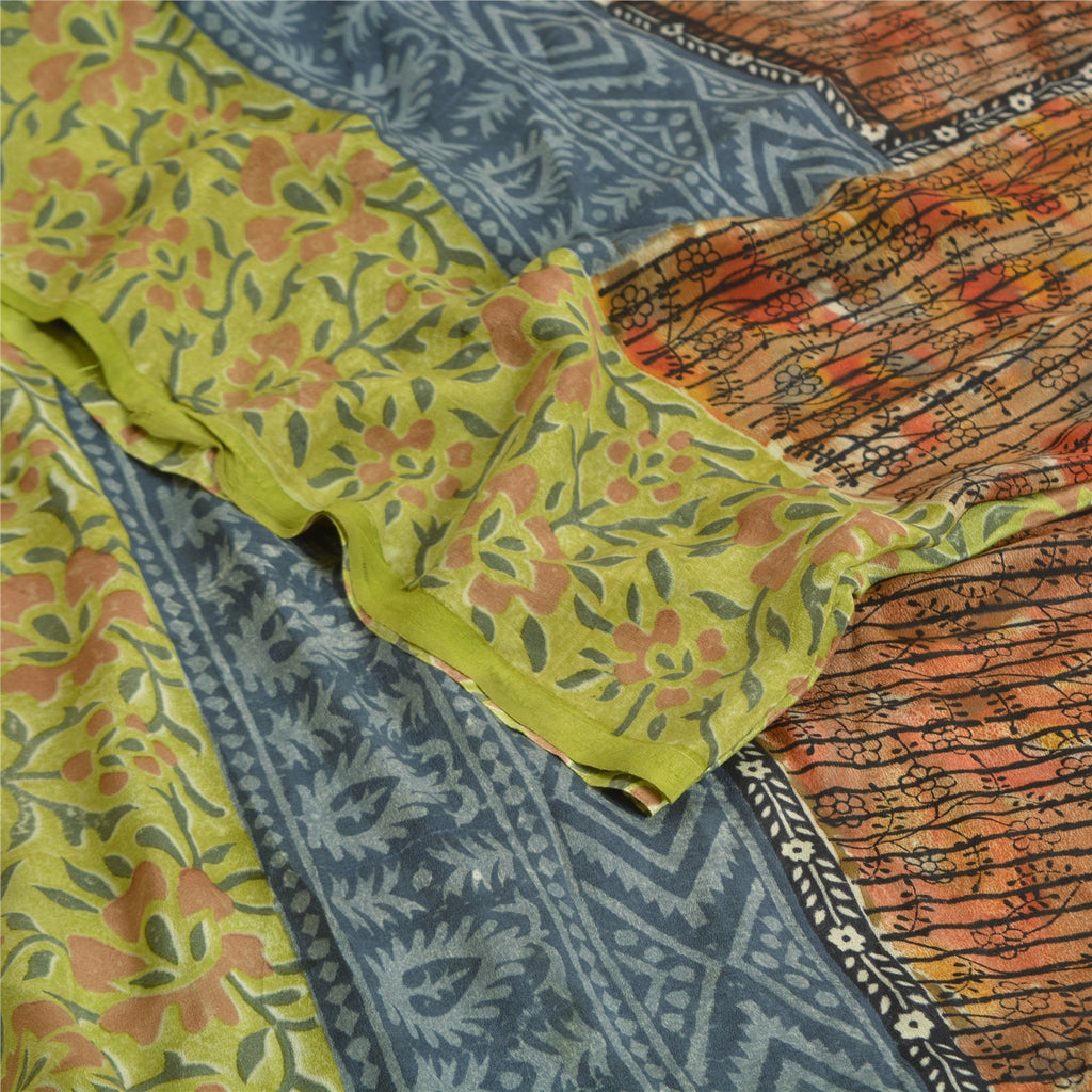 Sanskriti Vintage Sarees Green Pure Crepe Silk Printed Sari Soft Craft Sustainable Fabric
