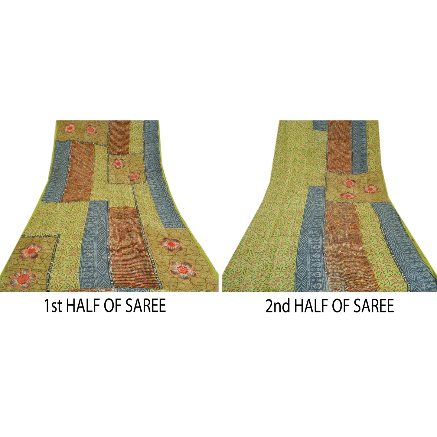 Sanskriti Vintage Sarees Green Pure Crepe Silk Printed Sari Soft Craft Sustainable Fabric