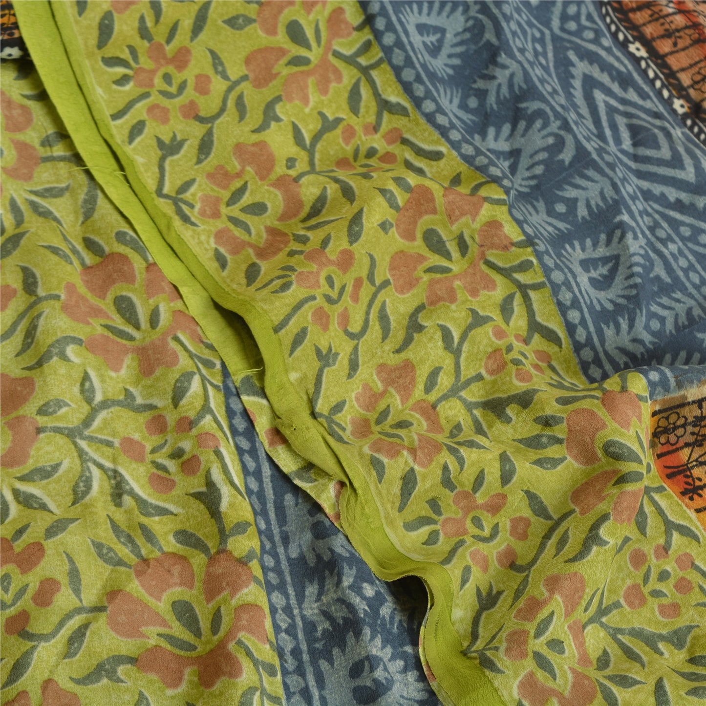 Sanskriti Vintage Sarees Green Pure Crepe Silk Printed Sari Soft Craft Sustainable Fabric